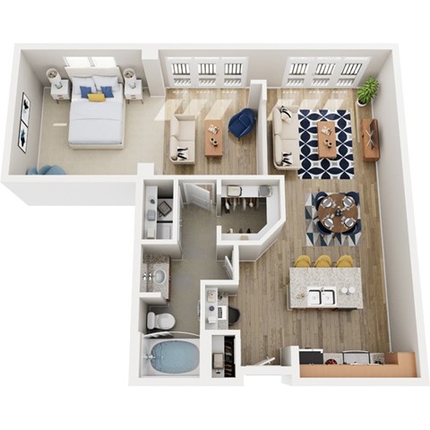 Floor plan for 1 bed, 1 bath, 911 sqft